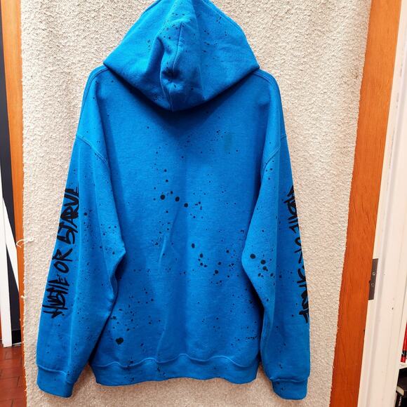 Hustle Or Starve Blue Hoodie Mens Medium Pullover Y2K Graphic Sweatshirt - Picture 2 of 8